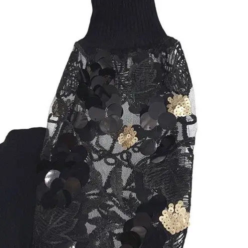 Sioni Milano Black Illusion Sheer Floral Embellished Sleeve Sweater Size Small