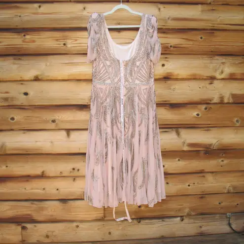 Mac Duggal 5434 Short Sleeve Beaded A-line Tea Length Dress