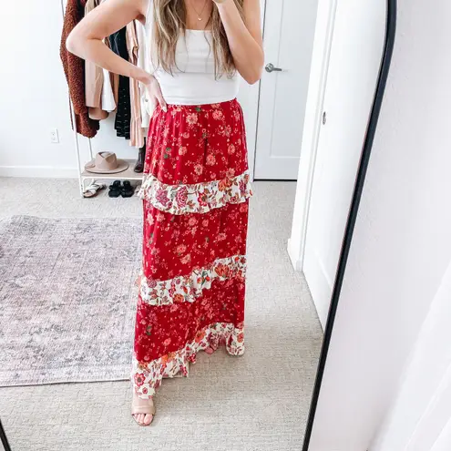 Farm Rio Antrhopologie Portia Red Ruffle Floral Maxi Skirt