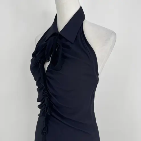 Fuzzi Halter Dress Size 42 US 6 Navy Silk Blend Ruched Ruffle Midi Elegant Chic Blue