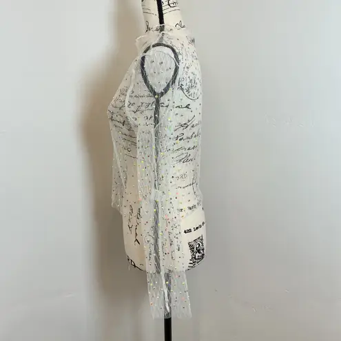 Mesh Top Sheer Long Sleeve Colorful Dots Party Club Layering Top Medium White