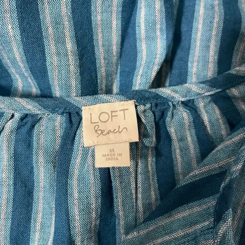 The Loft Beach Teal & Blue Striped Tassel Split Neck Popover Top