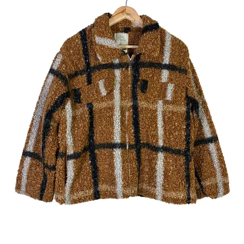 Stoosh Plaid Sherpa Fleece Jacket Womens L Brown Cozy Winter Rustic Country