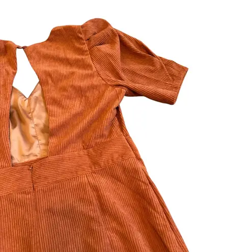 Du Paradis Burnt Orange Corduroy Dress Puff Sleeves Cutout Back Size Medium