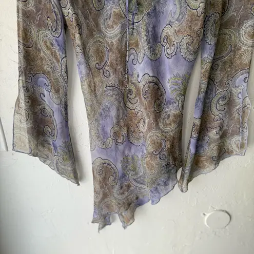 Star City Y2K Small Blue Paisley Retro Hippie Artsy Asymmetrical Sheer Top rain