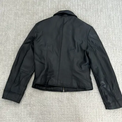 VTG black Leather Coat jacket zip up collared vintage 100% genuine fully lined Size L