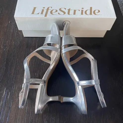 LifeStride Nolita Silver Metallic Strappy Kitten Heel Sandals Women Size 8M