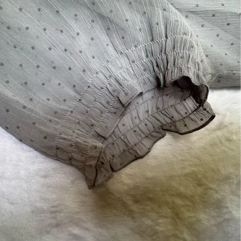 Gray Sheer Swiss Dot Blouse Jabot Neckline Smocked Waist Lace Trim Pleated Crepe Size L