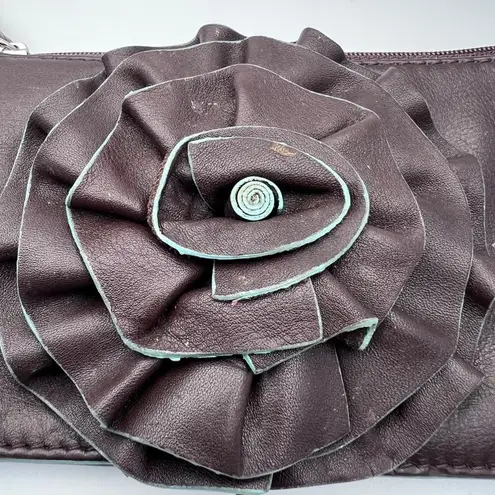 ILI New York Leather Wristlet Wallet Clutch Dark Brown Plum Rosette