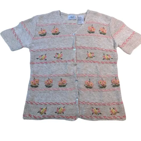 Embroidered Floral Cardigan – Short Sleeve Button Up Women's S Tan