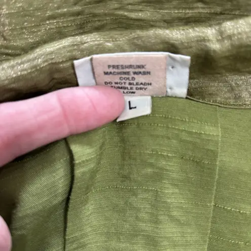 Habitat Blouse Top Womens Large Green Shimmery Metallic Button Up Collared Shirt