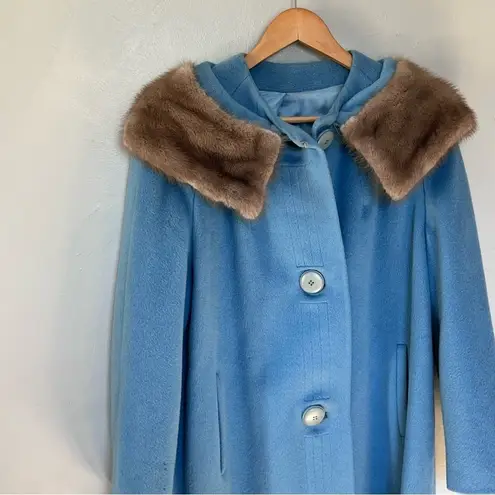 Vintage Crestmoor Wool Norwegian Fox Fur Collar Pea Coat 50s 60's Blue Size M