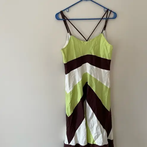 Yves Cossette Spaghetti Strap Color Block Slip Dress Lemon Brown Beige Size 8. Green