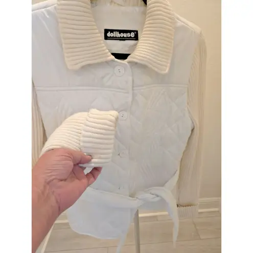 Dollhouse White Quilted M Jacket Ribbed Knit Sleeves Belted Hybrid Belted