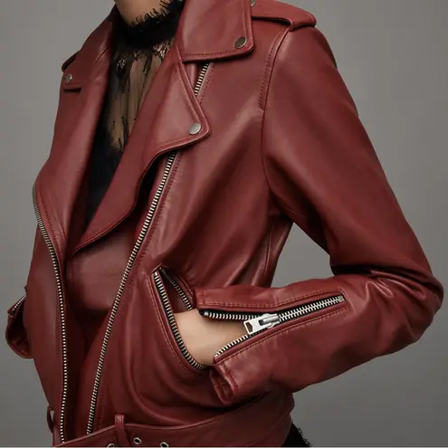 ALLSAINTS Balfern Belted Leather Biker Fire Red Jacket