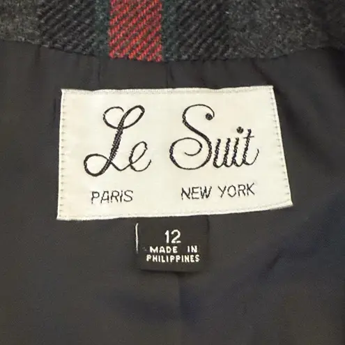 Le Suit Women's Red Gray Plaid Wool Blend Blazer Size 12 Holiday Career Party