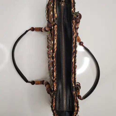 Mary Frances Straw into Gold Wood Beaded Floral Shoulder Bag Beaded Tassel