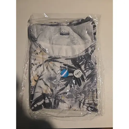 Basic Editions Tropical Leaf Print T Shirt, Women's Large Tee, Rhinestone Accent Gray