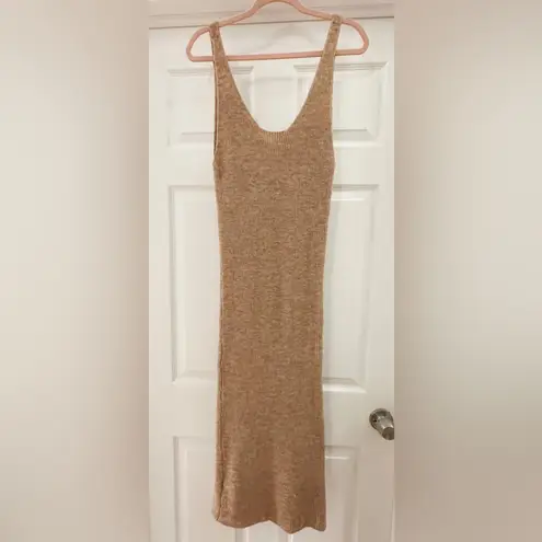 Commense Sleeveless V Neck Sweater Knit Midi Maxi Dress Neutral Brown Tan Small