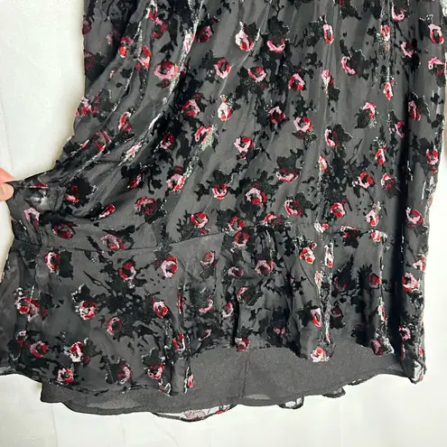 WAYF  Black Crushed Velvet Floral Print V Neck Long Sleeve Mini Dress Small