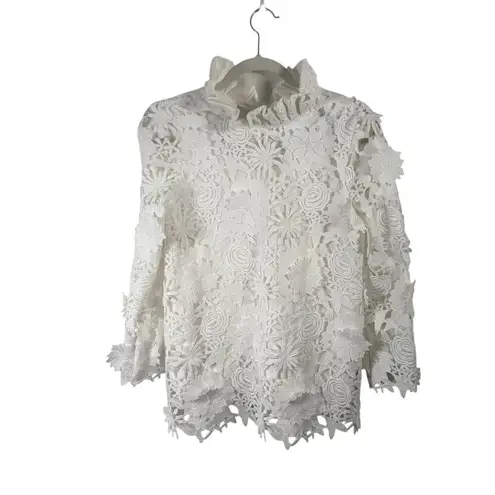 Tuckernuck White Guipure Lace Faye Blouse Ruffle Collar Bow Preppy Womens XS