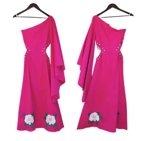 FANM MON Amarya Pink One Shoulder Dress Long Sleeve Cutout Embroidered XS New