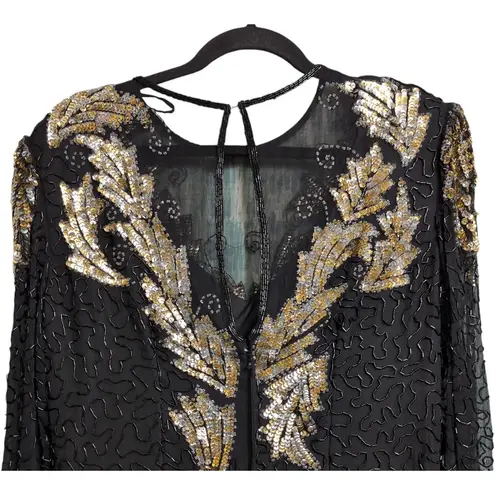 Scala Black Silk Sequin Embellished Long Sleeve Evening Gown Dress Size PL