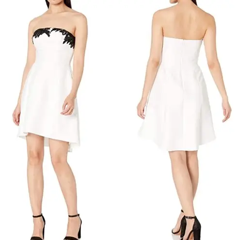 Halston Heritage  White Black Floral Applique Strapless Fit Flare Cocktail Dress