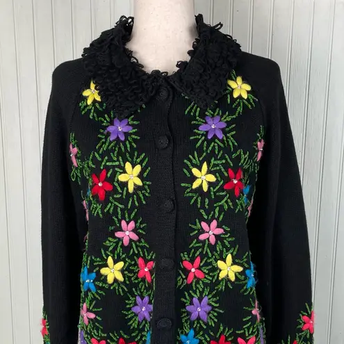 Vintage Y2K Berek Floral Embroidered Cardigan Sweater Size Large Artsy Whimsical Black
