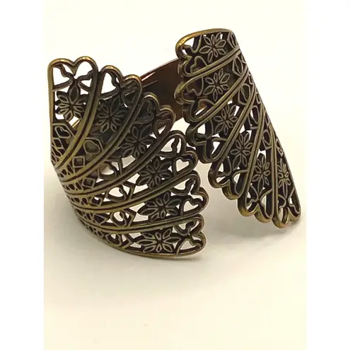 Vintage Brass Filigree Cuff Bracelet Hinged Fairycore Witchy Steampunk Jewelry Gold
