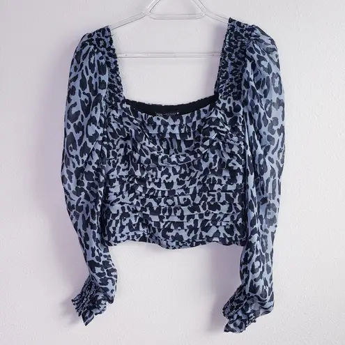 ZARA  Blue Ruffled Smocked Long Sleeve Cheetah Print Blouse