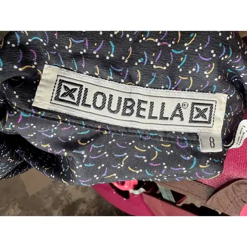 Button Down blouse abstract pattern black blue purple yellow kitten bow Size M