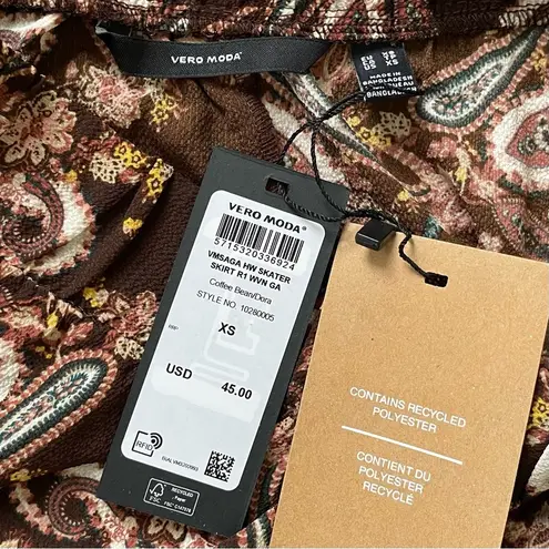 VERO MODA New Paisley Print High Waist Skater Skirt Coffee Bean Brown Size XS