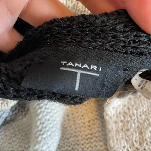 T Tahari Womens S Cozy Cardigan Sweater Open Gray Black Tan Striped Office Work