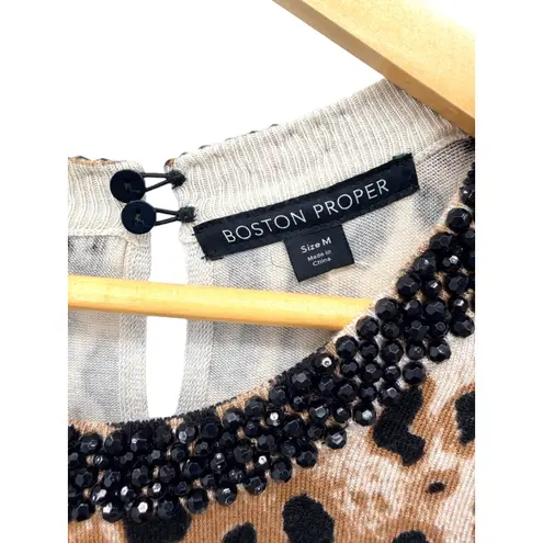 Boston Proper Beaded Neck Leopard Print Sweater Top Medium M Long Sleeve Casual - Image 3