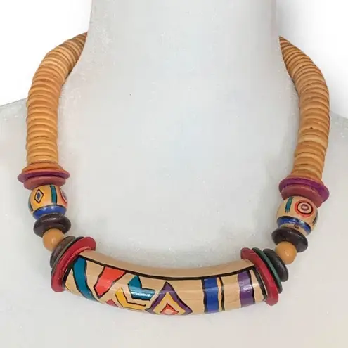 Vintage Necklace Hand Painted Wooden Discs Multicolored Tribal Art To Wear Tan