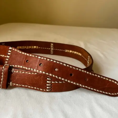Vintage Brown Leather Belt Contrast Stitching Wood Bead Detail Boho Western 30