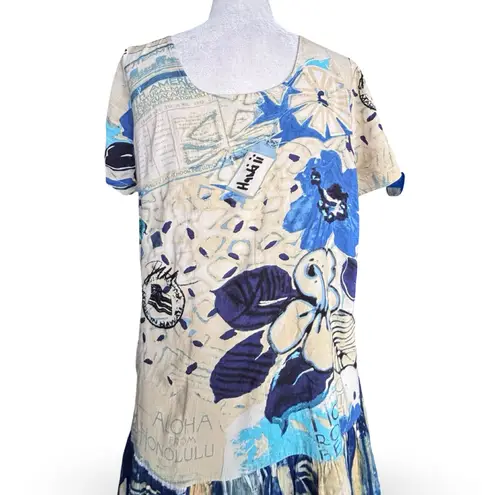 Jams World Hattie Dress Passport Blue Art Print Scoop Neck Tiered Hem Hawaiian