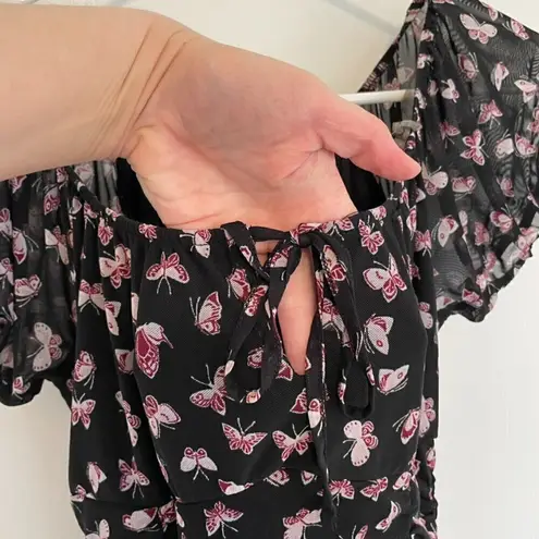 Ultra Flirt Black Burgundy Butterfly Print Mesh Tie Neck Y2K Ruched Mini Dress M