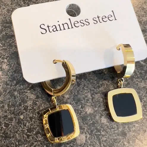 Fashion titanium steel roman numerals geometric square earrings Gold