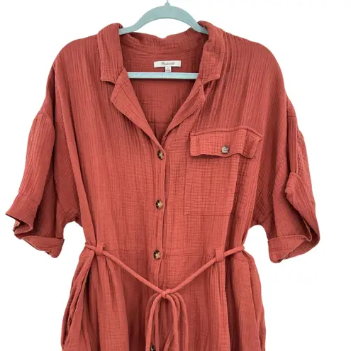 Madewell  Lightspun Belted‎ Safari Romper Shorts Short Sleeve Gauze Rust Size XL - Image 4