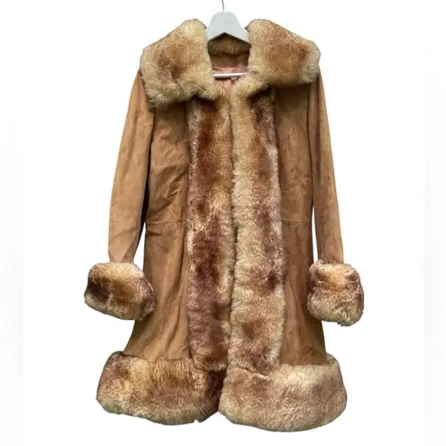 Penny Lane Vintage Scully Coat Suede with Boho Shearling Trim Brown Camel 10