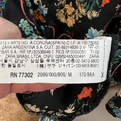 ZARA  Black with Floral Print A-Line Mini Dress long sleeve shift size medium