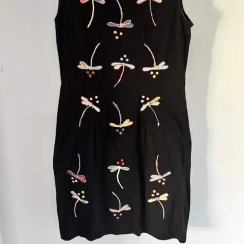 Pong Sheath Dress 12 Black Embroidered Dragonflies Artsy Whimsical Modern Boho