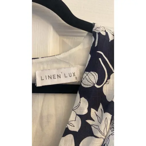 Luxe Linen Womens 12 Navy Floral Mini Dress Ruffle Sleeve Cottagecore