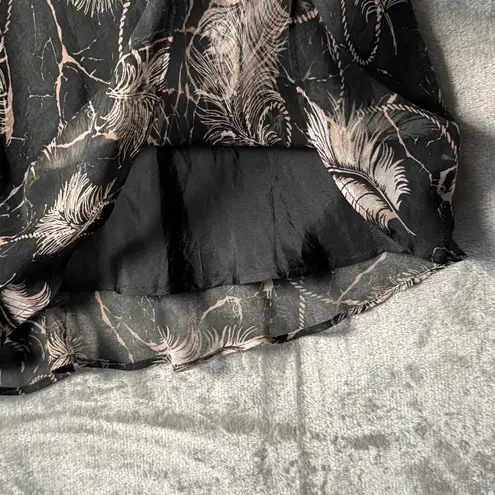 TESS 100% Silk Midi Skirt Size 16 Black Pink Feather Print Lined Flowy Boho