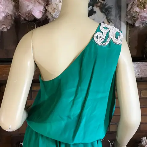 Tibi TEAL GREEN ONE SHOULDER SILK BLOUSON MINI DRESS WITH BEADING (8)