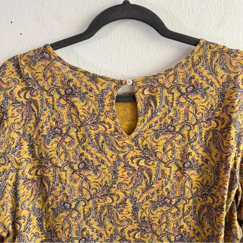 Lucky Brand Lucky Top Mustard Patterned Keyhole Neck Balloon Sleeve Tee Sz M GUC