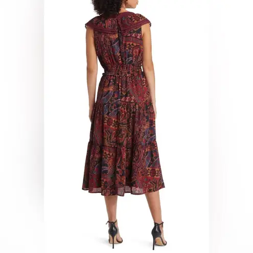 Tahari ASL Print Lace Trim Tiered Midi Dress - Size 8