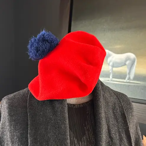 Vintage Beret Hat, Red Wool With Navy Pom Pom, 1960’s Turtle Bay Jonathan Logan